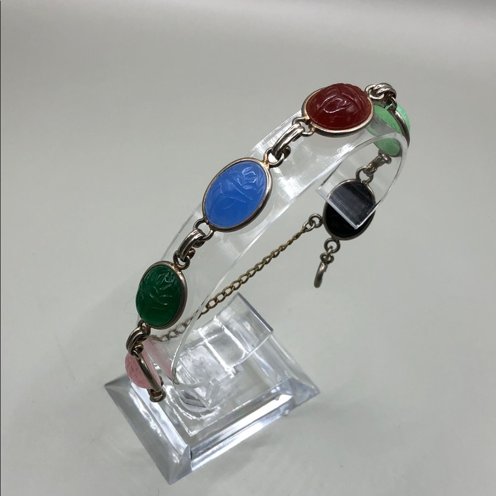 Vintage colorful glass scarab chain link bracelet costume statement silver tone.